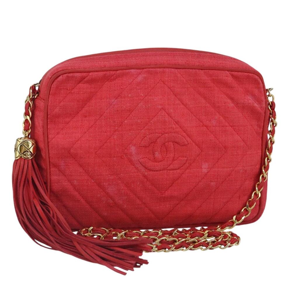 CHANEL Chain Shoulder Bag Canvas Red Gold CC